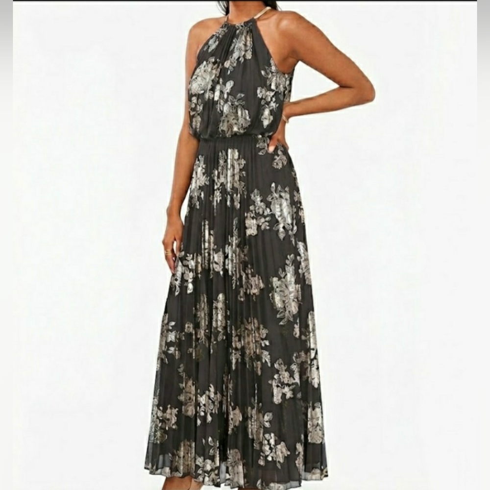 MSK Maxi Dress Elegant Grey And Silver Metalic Floral Halter Dress Size 10